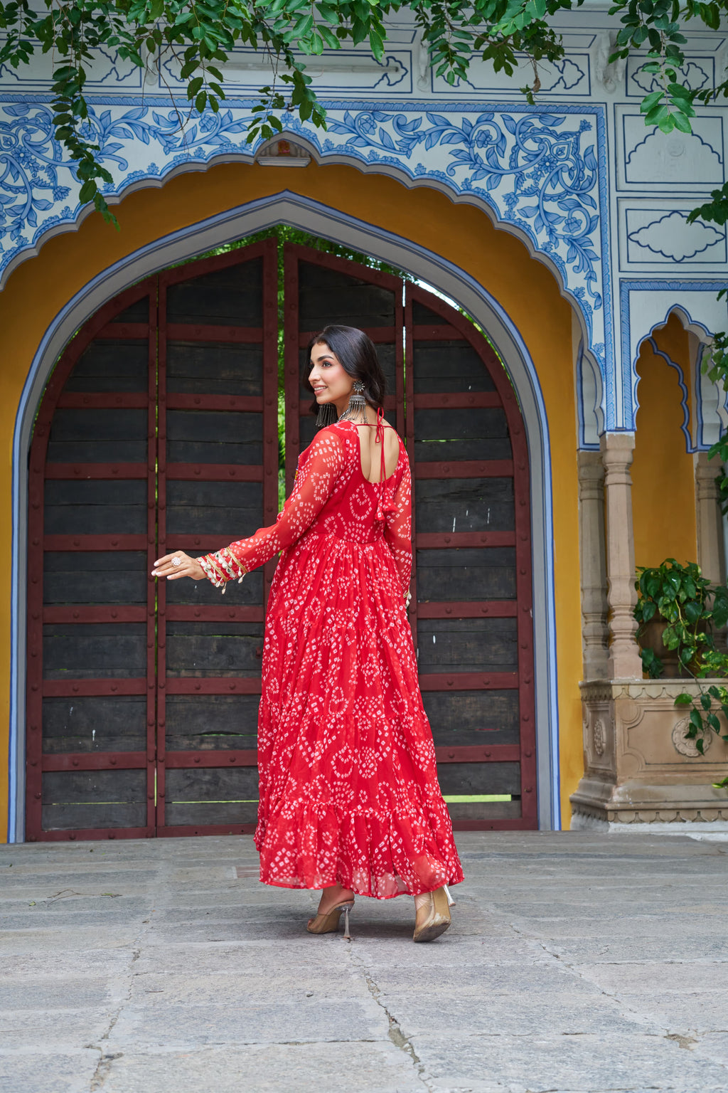 Red Georgette Bandhani Print Gown with Kutchi Patchwork