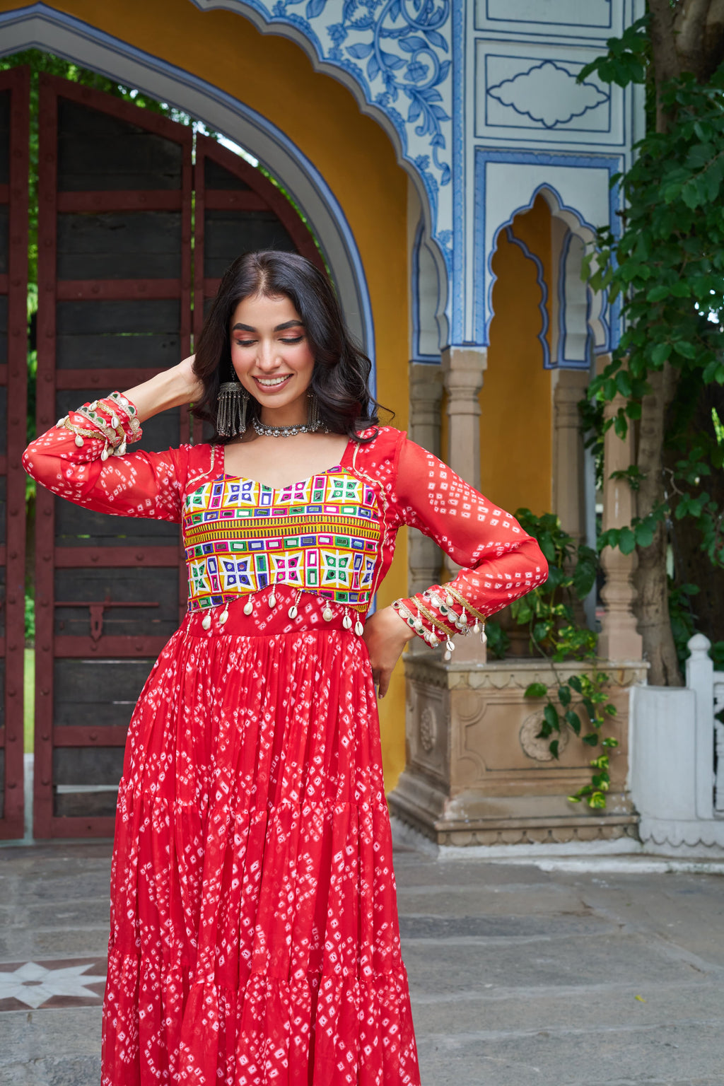 Red Georgette Bandhani Print Gown with Kutchi Patchwork