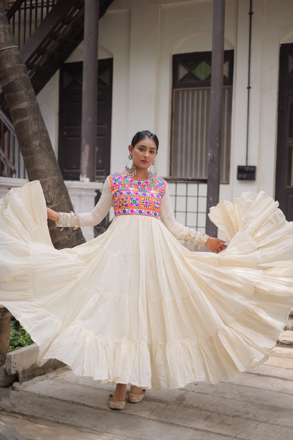 Off White Kora Cotton Navratri Gown with Gamthi Embroidery