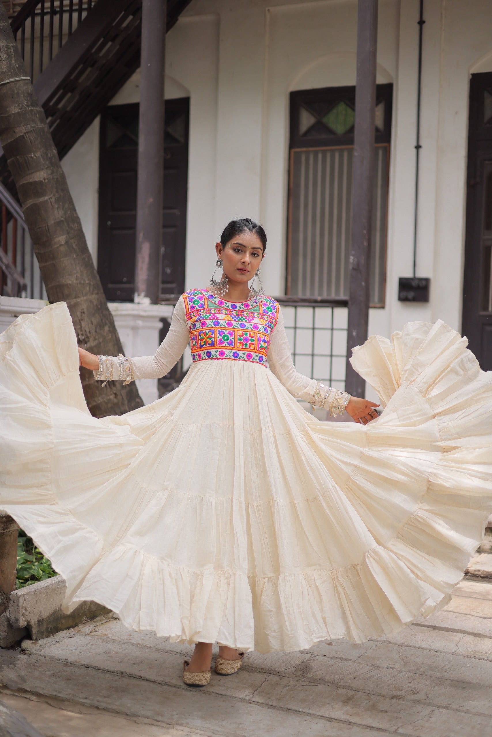 Off White Kora Cotton Navratri Gown with Gamthi Embroidery