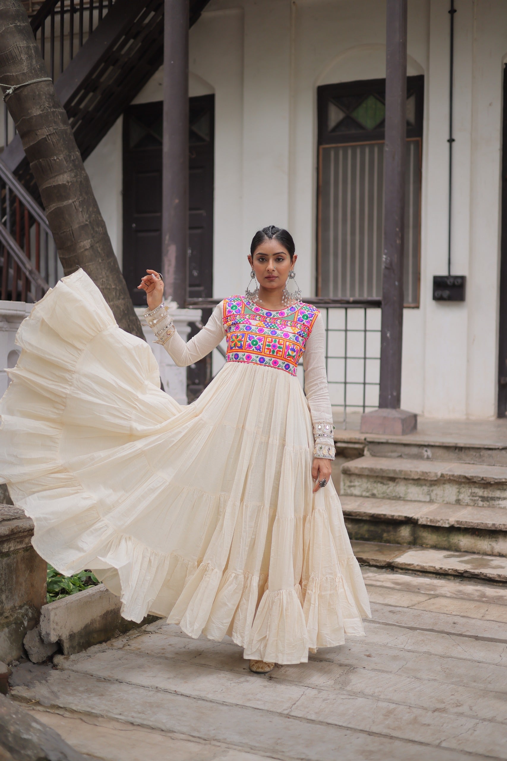 Off White Kora Cotton Navratri Gown with Gamthi Embroidery
