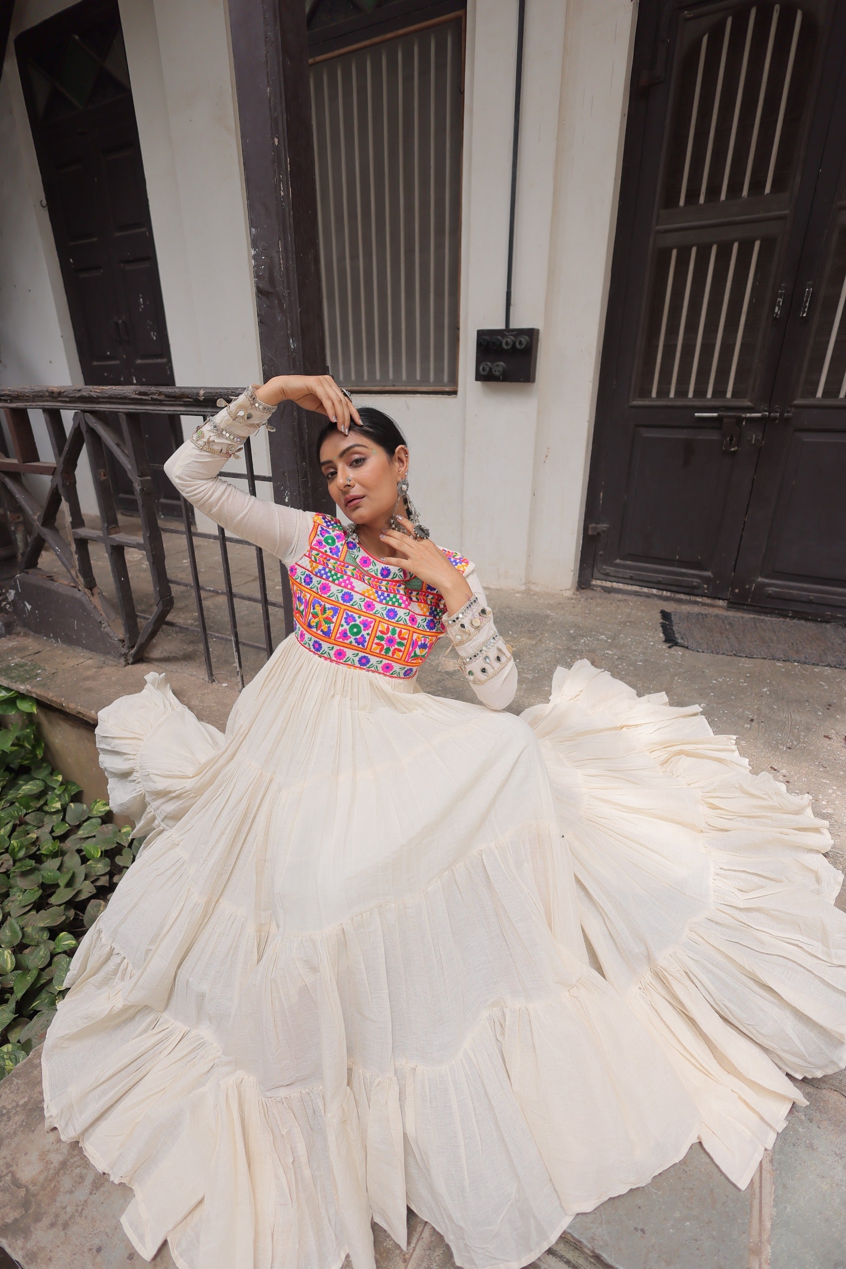 Off White Kora Cotton Navratri Gown with Gamthi Embroidery