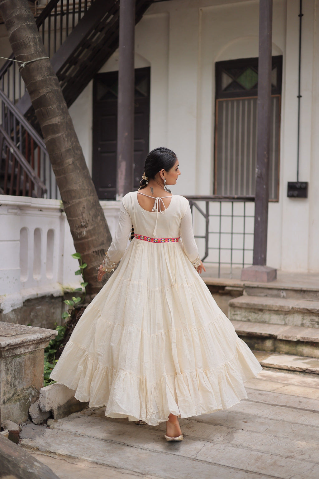 Off White Kora Cotton Navratri Gown with Gamthi Embroidery