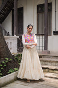 Off White Kora Cotton gown with multi-thread Gamthi embroidery for Navratri