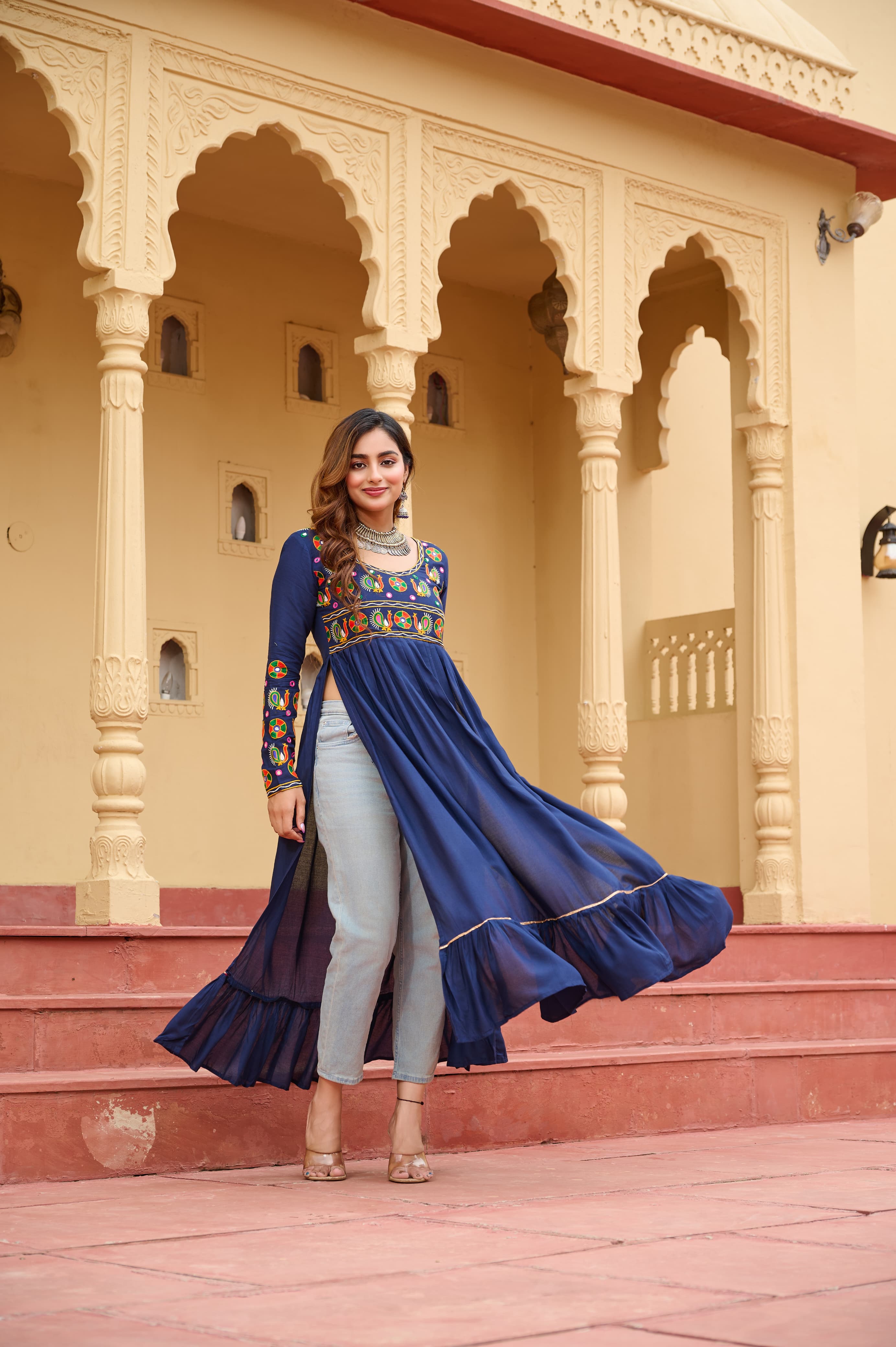 Blue Rayon Navratri Kurti with Authentic Kutchi Gamthi Embroidery