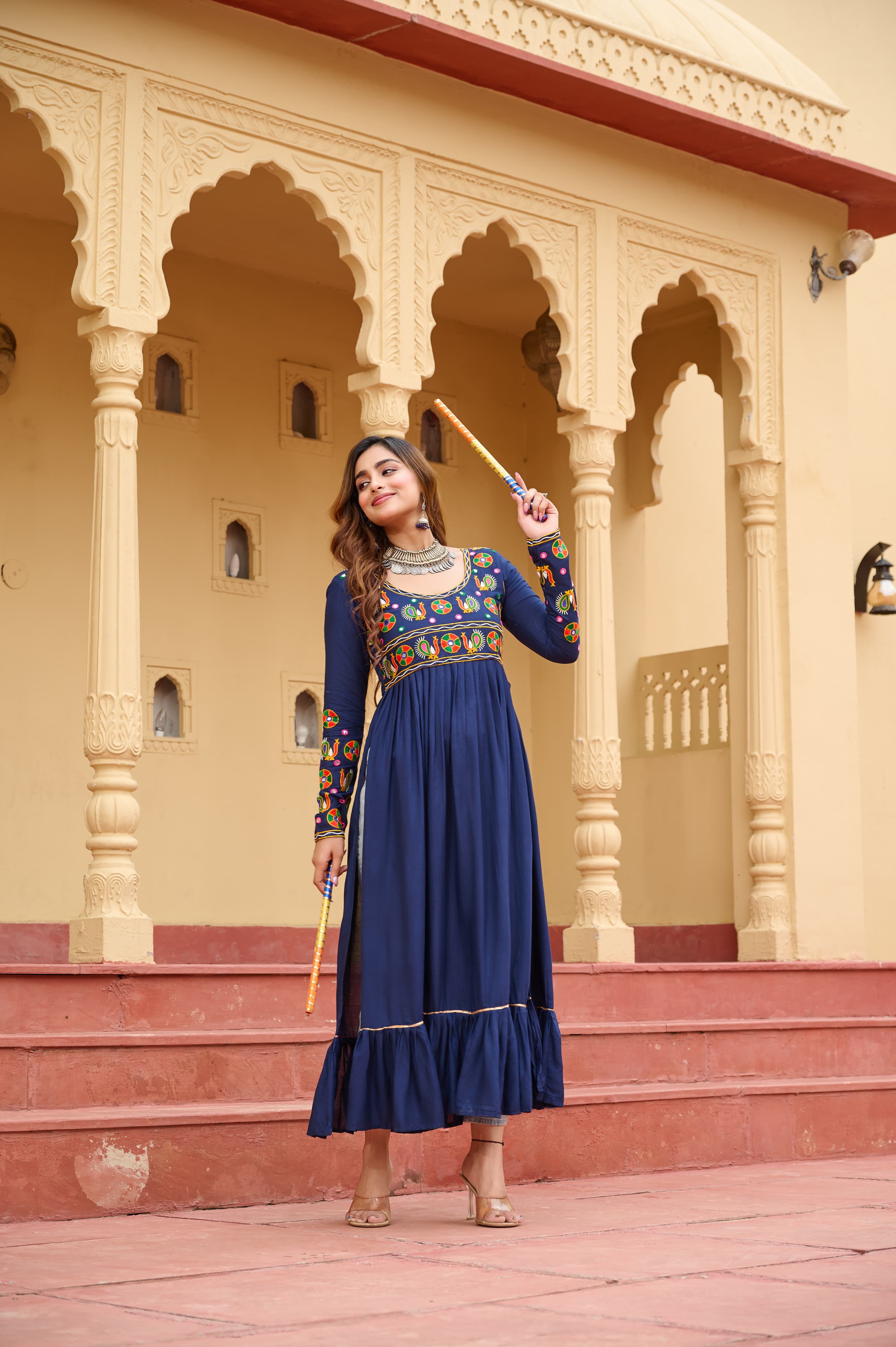 Blue Rayon Navratri Kurti with Authentic Kutchi Gamthi Embroidery