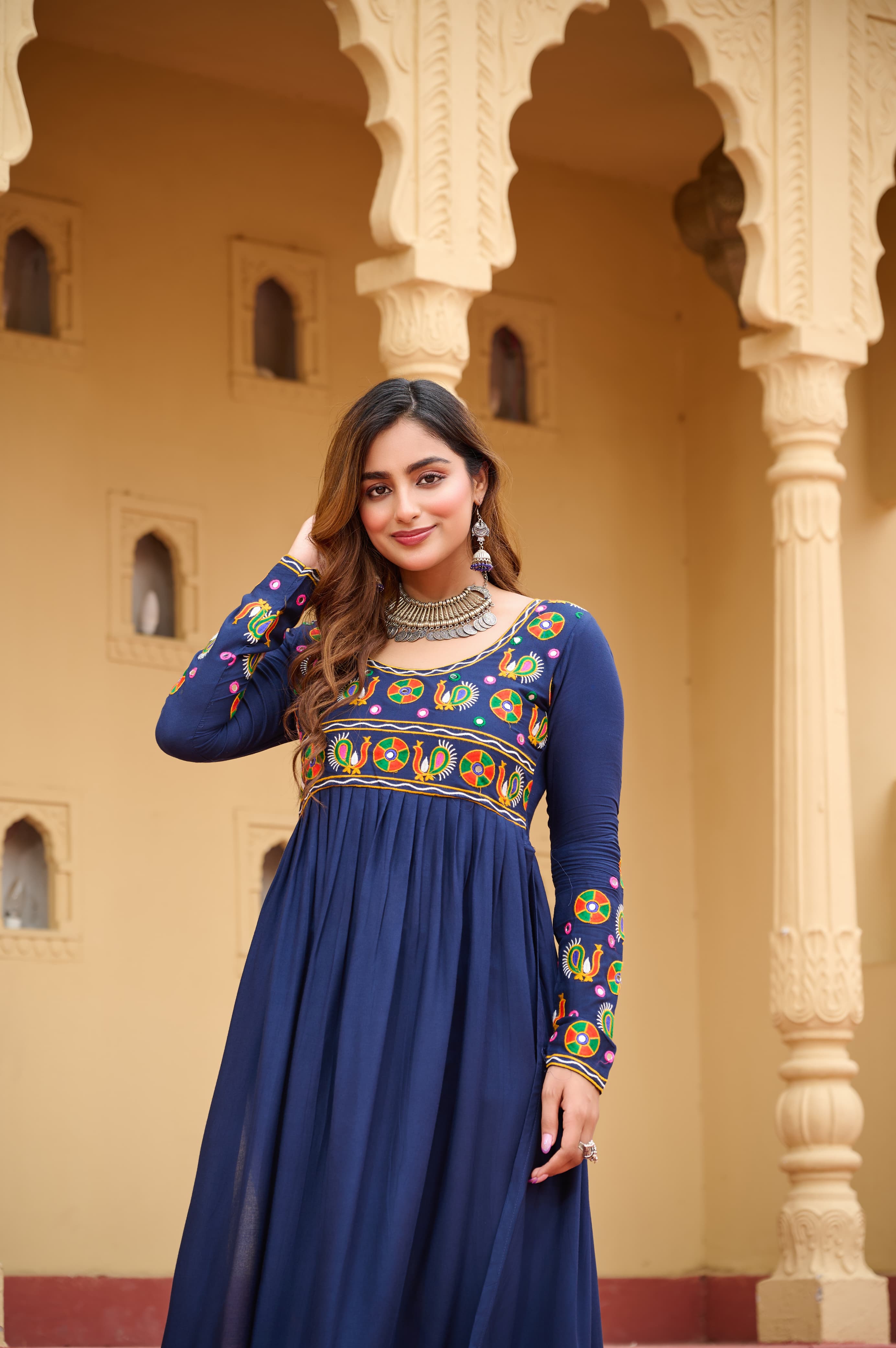Blue Rayon Navratri Kurti with Authentic Kutchi Gamthi Embroidery