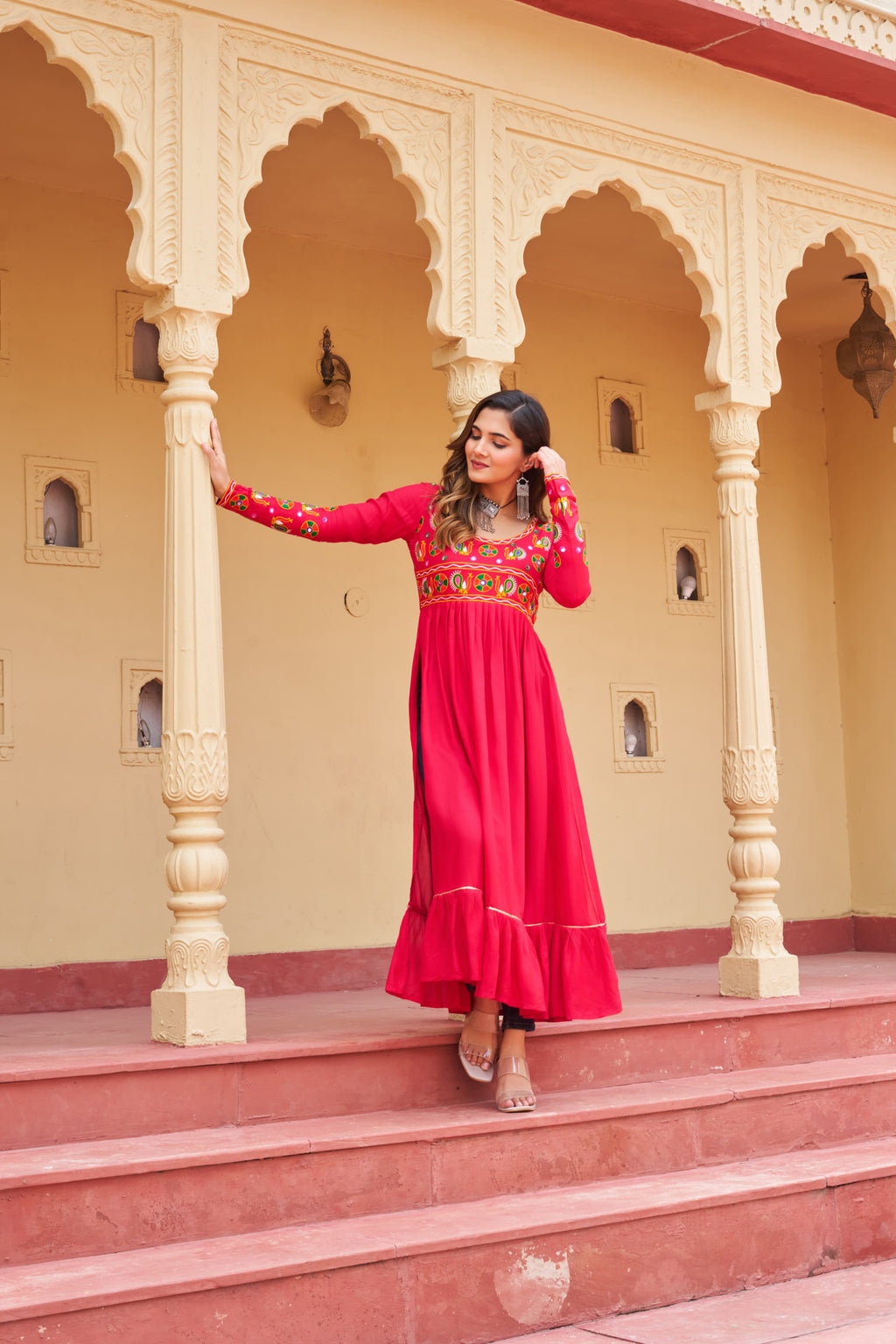 Pink Rayon Kurti with Kutchi Gamthi Work for Navratri