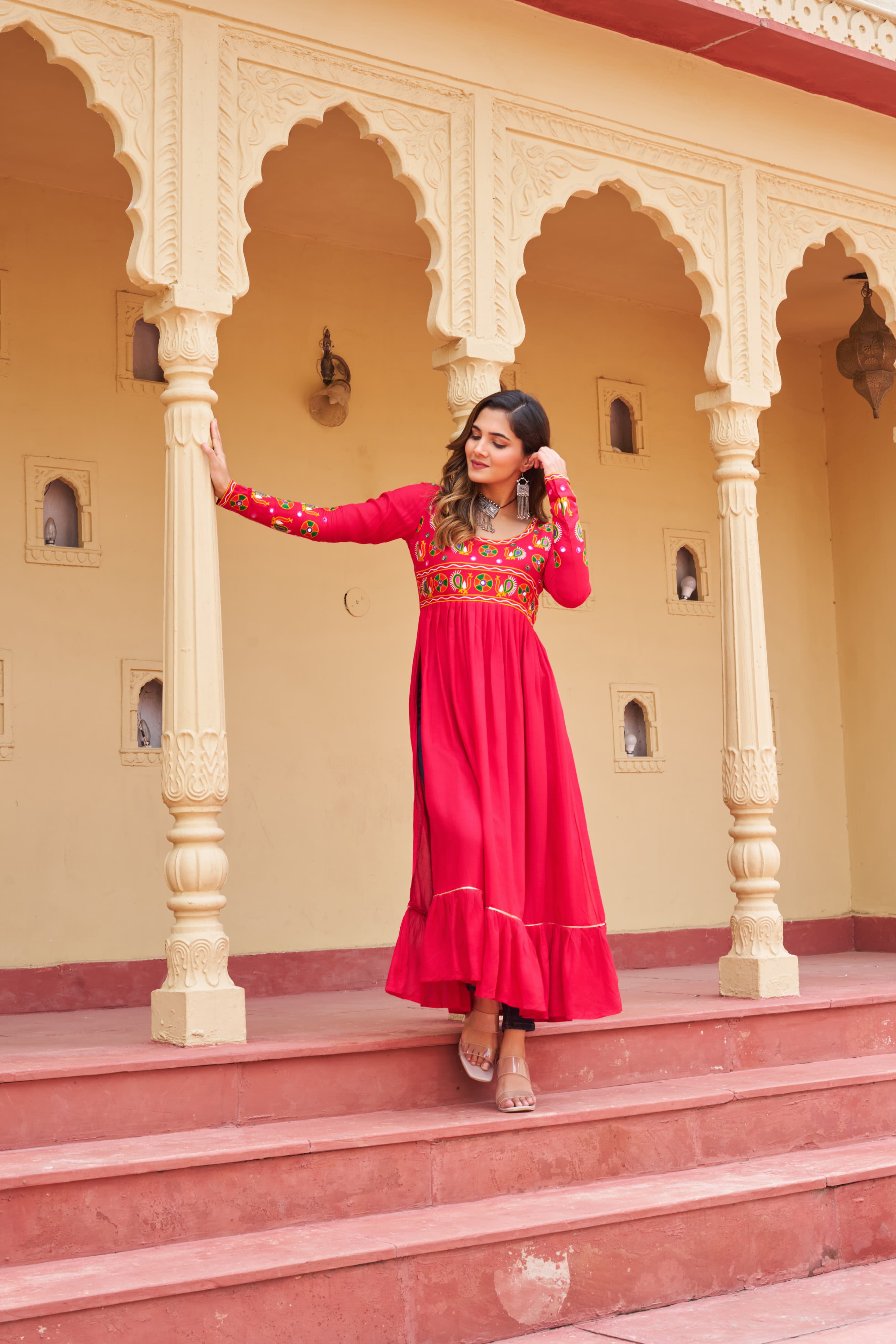 Pink Rayon Kurti with Kutchi Gamthi Work for Navratri