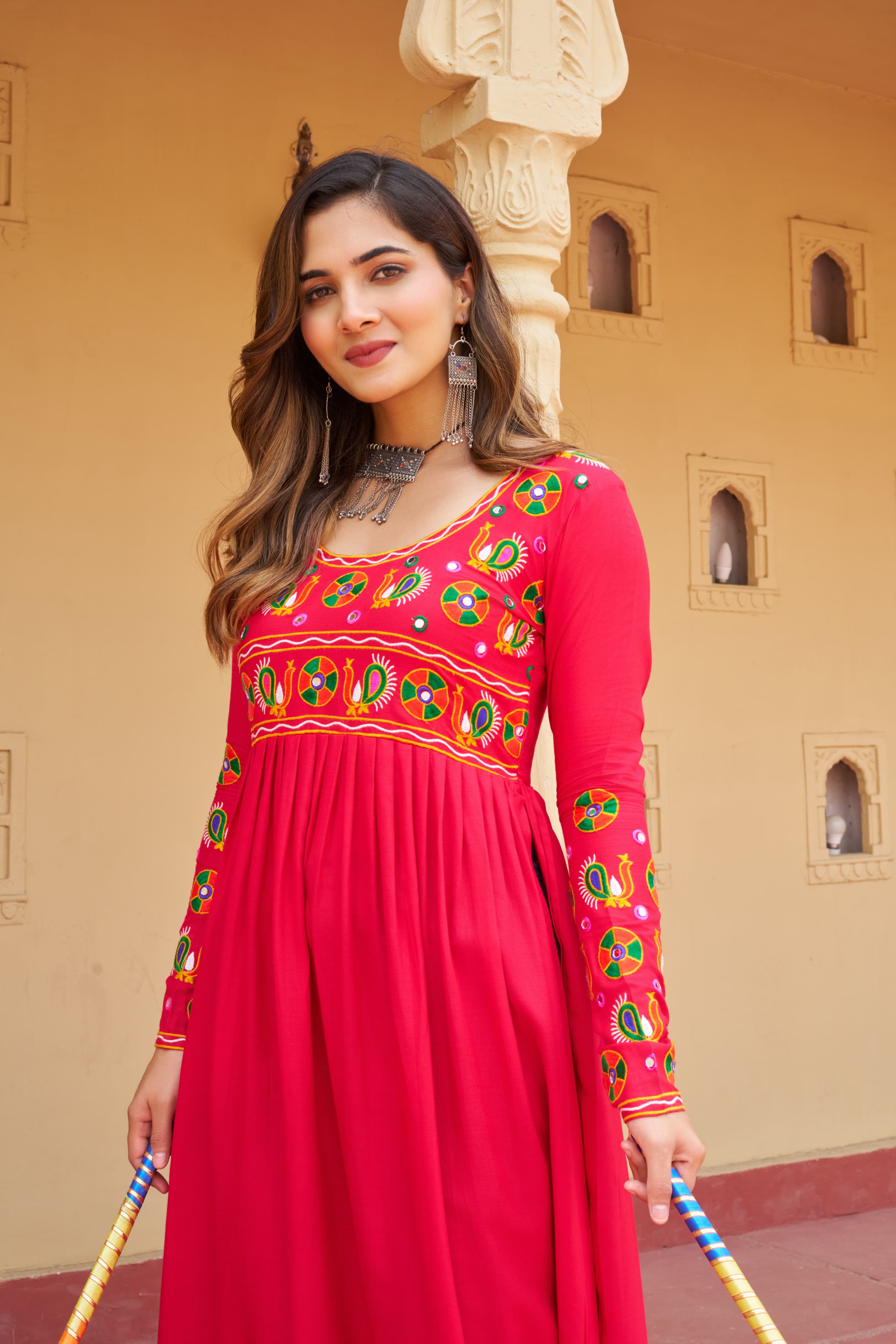 Pink Rayon Kurti with Kutchi Gamthi Work for Navratri