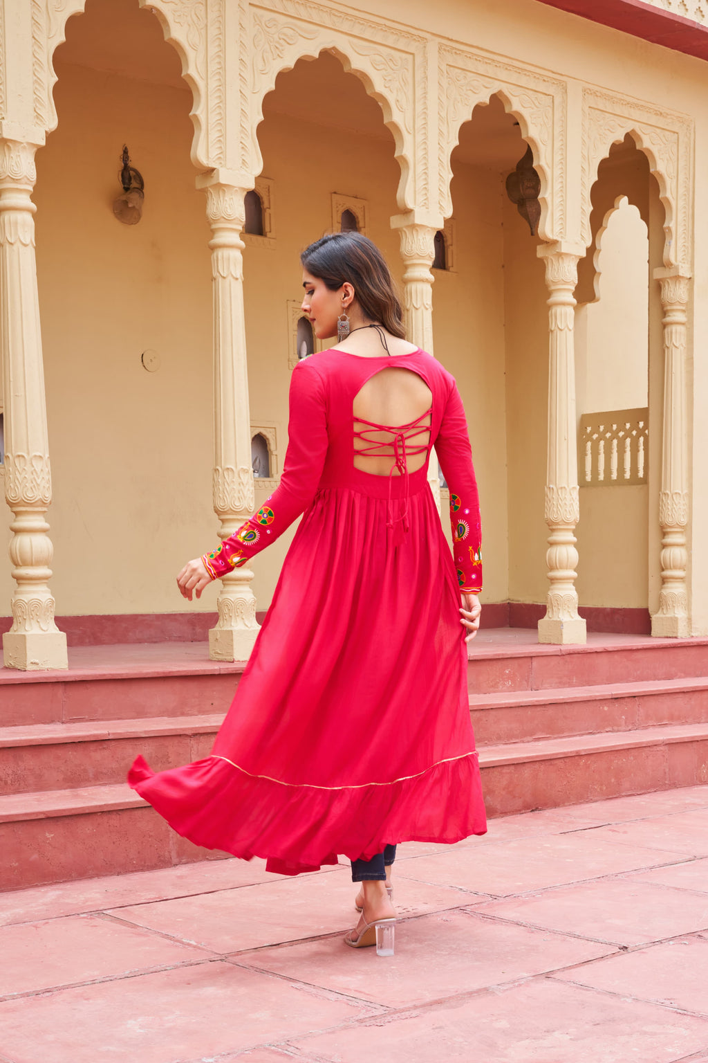 Pink Rayon Kurti with Kutchi Gamthi Work for Navratri