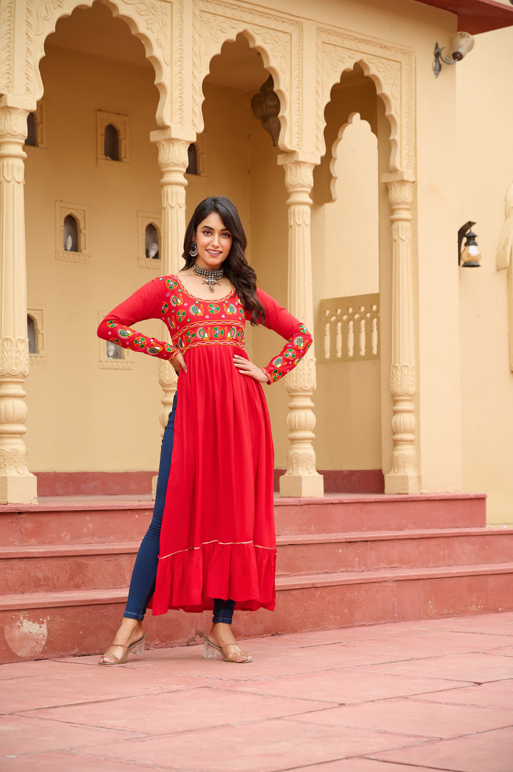 Red Rayon Kurti with Traditional Kutchi Gamthi Work