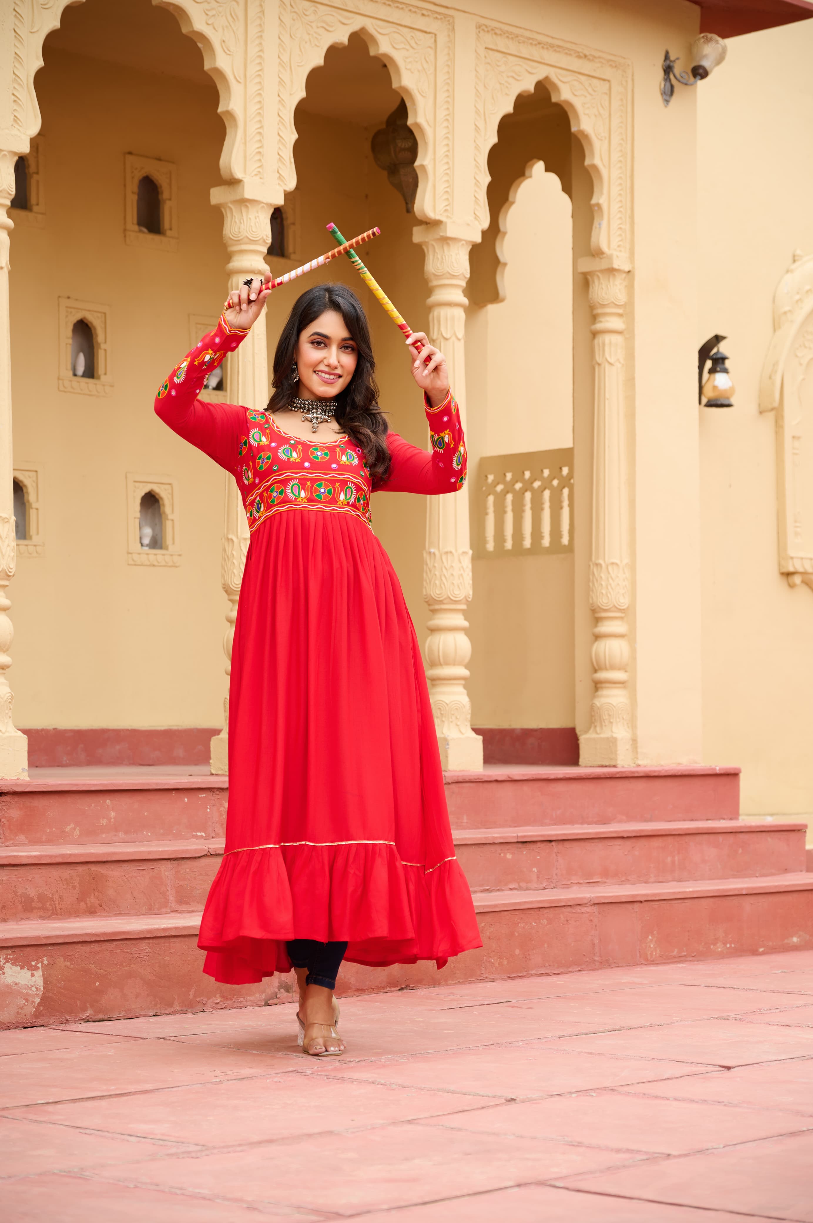 Red Rayon Kurti with Traditional Kutchi Gamthi Work