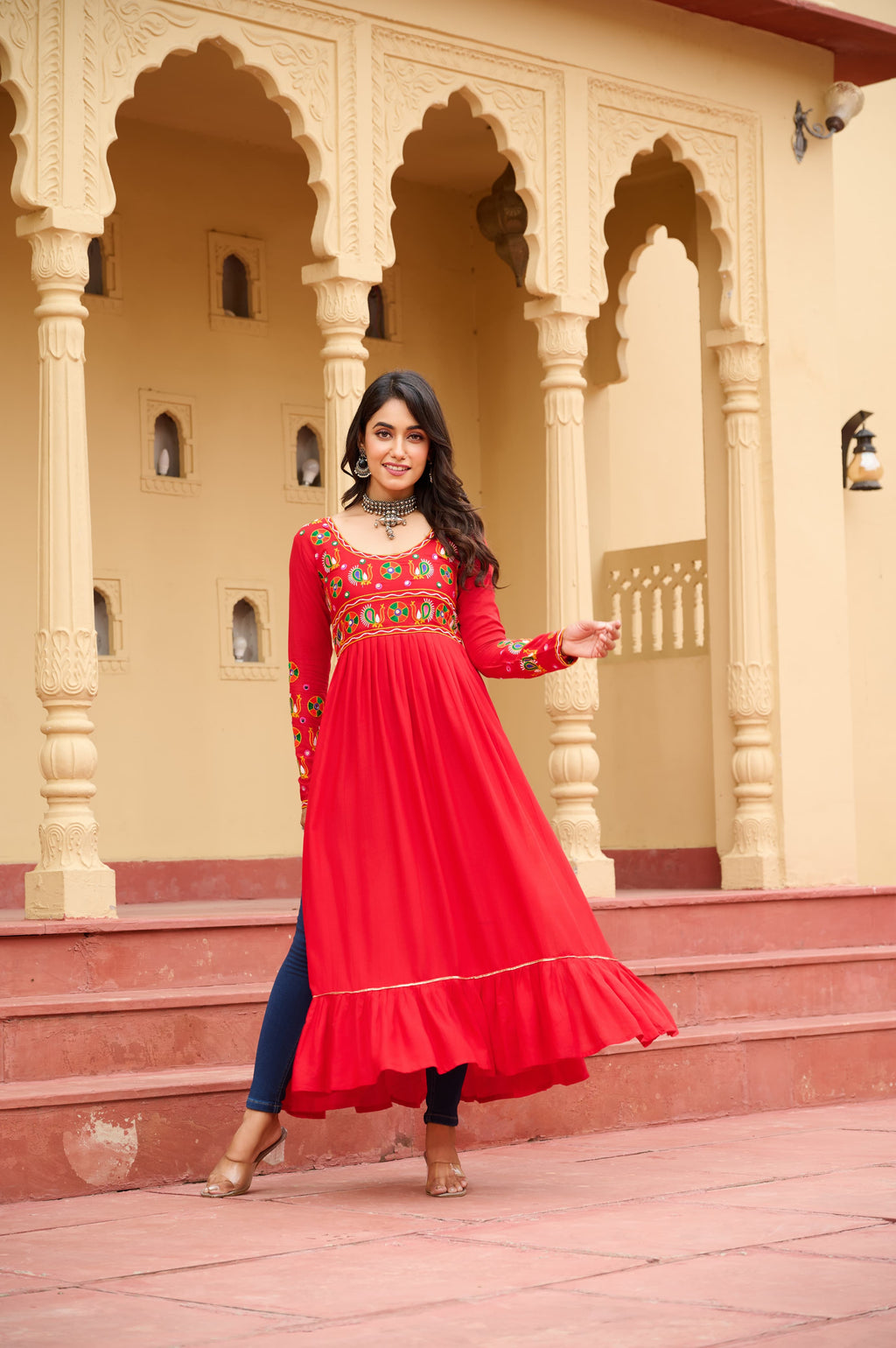 Red rayon kurti featuring traditional Kutchi Gamthi embroidery and full sleeves