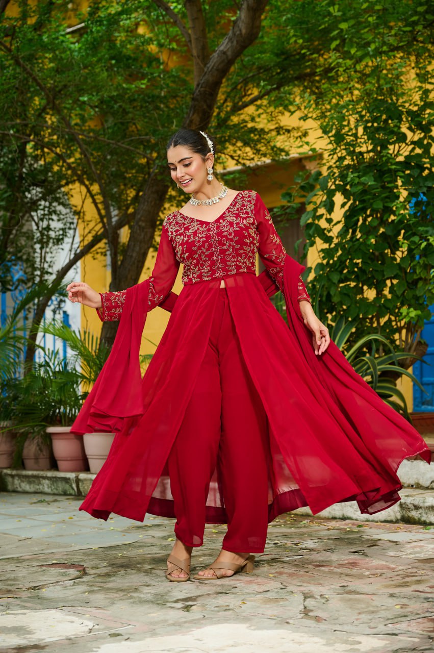 Maroon Wine georgette salwar suit with detailed multithreaded and bead embroidery