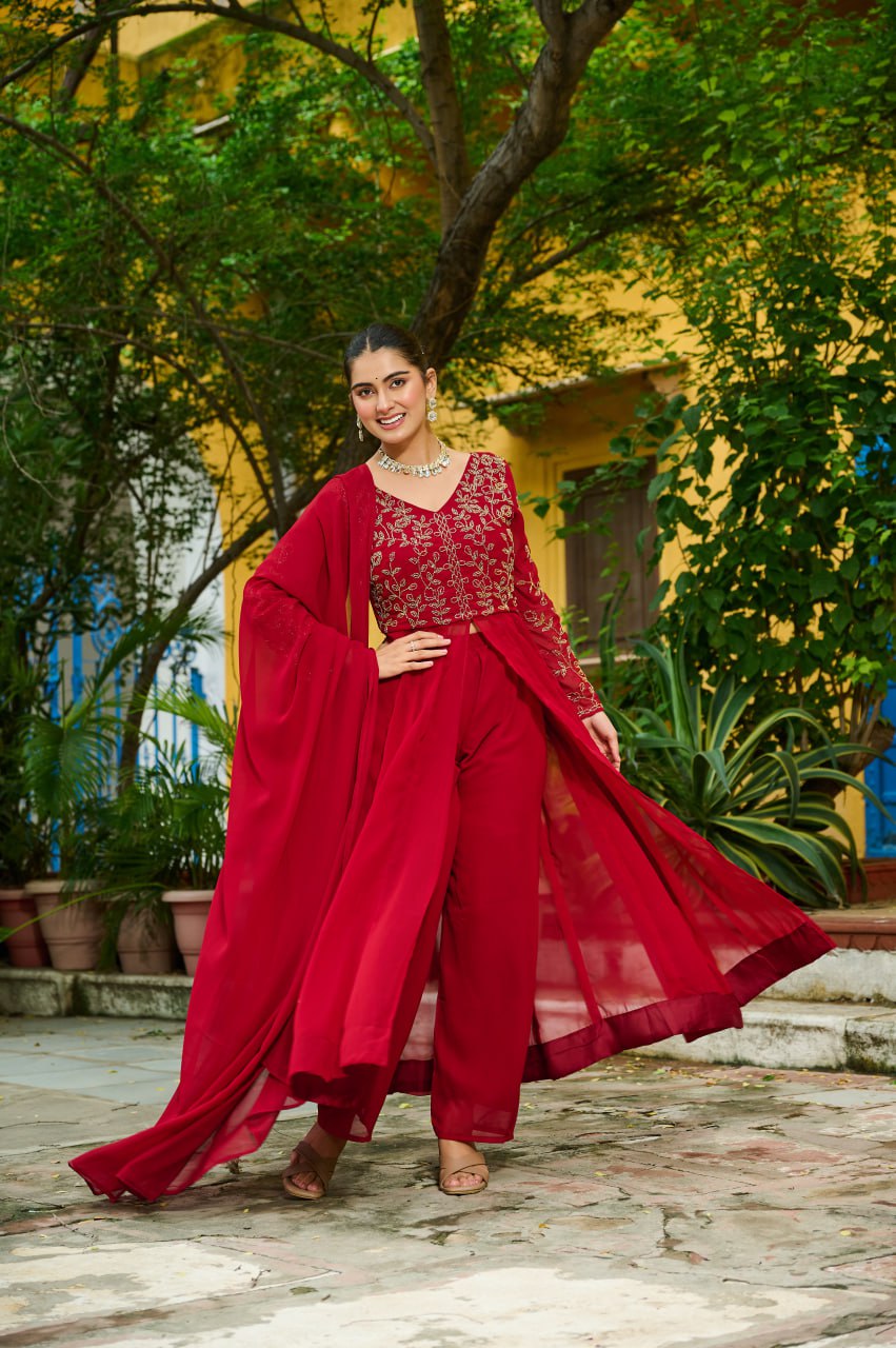 Maroon Wine Georgette Multithreaded Beads Embroidered Salwar Suit