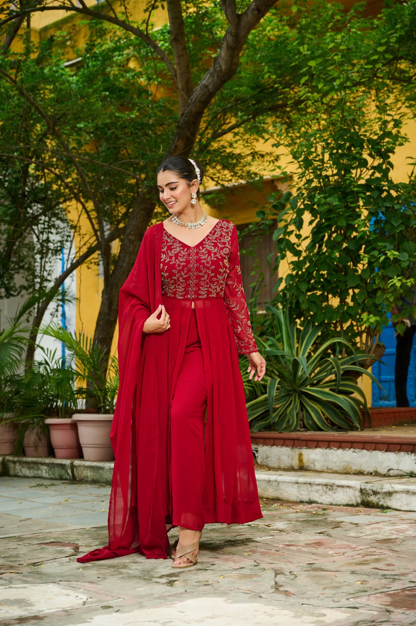 Maroon Wine Georgette Multithreaded Beads Embroidered Salwar Suit