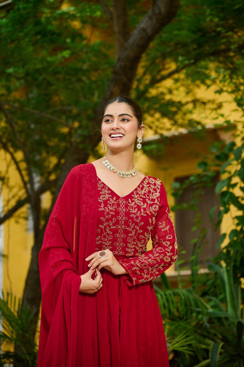Maroon Wine Georgette Multithreaded Beads Embroidered Salwar Suit