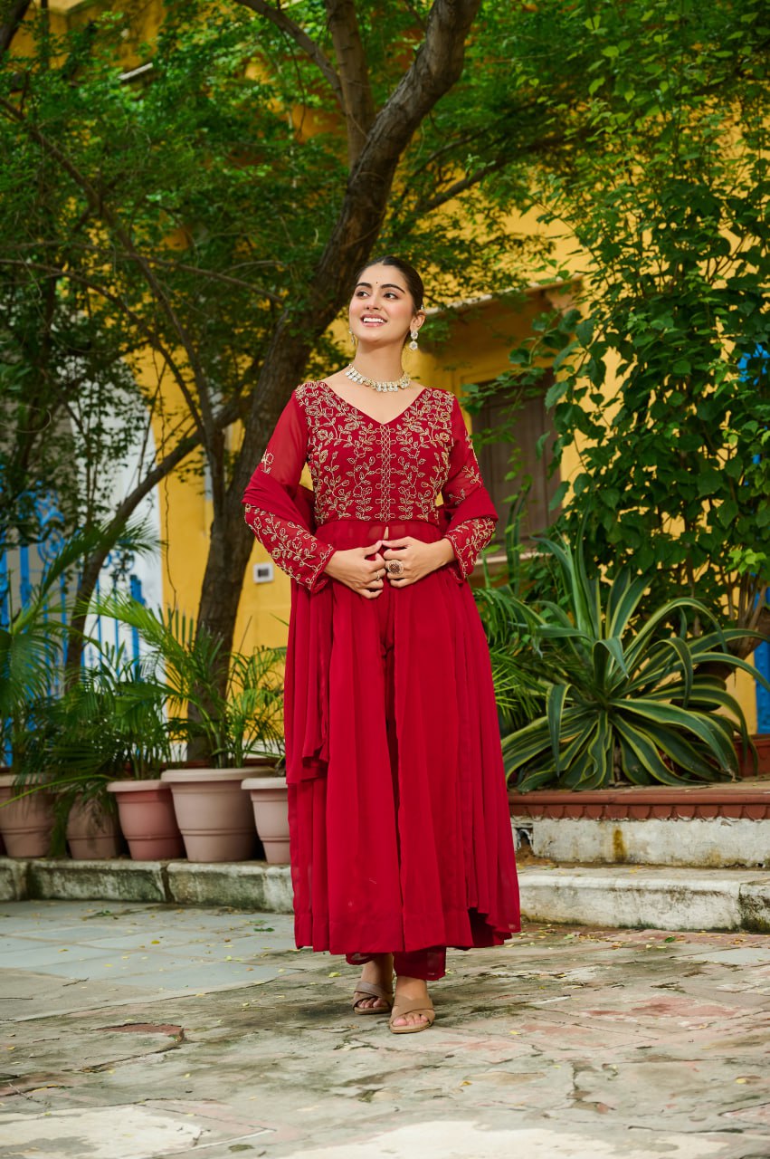 Maroon Wine Georgette Multithreaded Beads Embroidered Salwar Suit