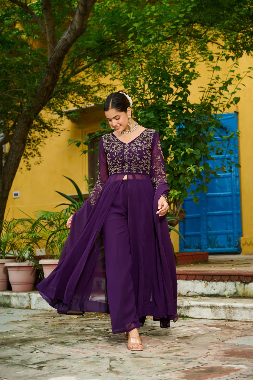 Wine Georgette Multithreaded Embroidered Salwar Suit with Lining