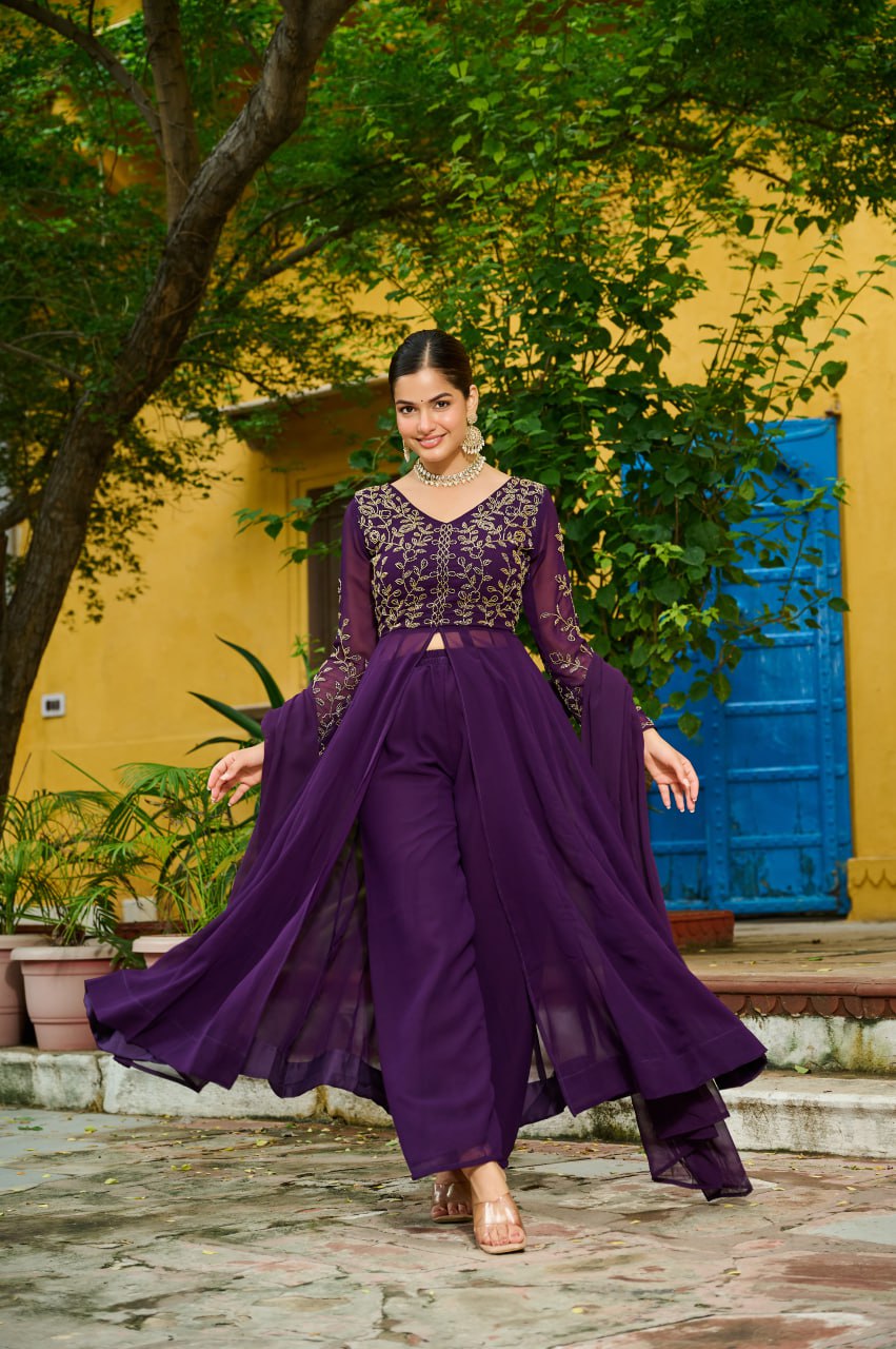 Wine Georgette Multithreaded Embroidered Salwar Suit with Lining