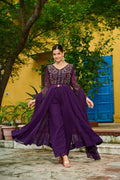 Wine Georgette Multithreaded Embroidered Salwar Suit with Lining
