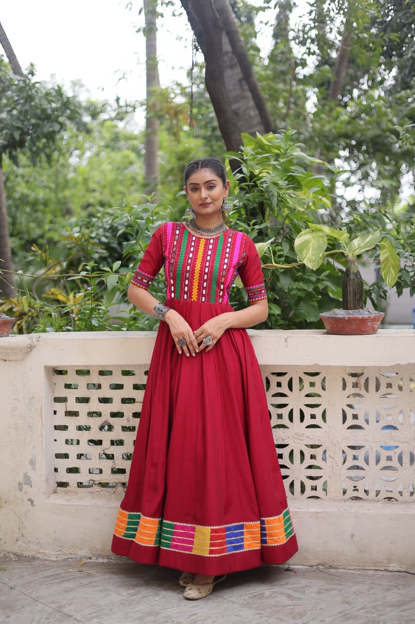 Red Roman Silk Navratri Gown with Multicolor Thread and Mirror Work