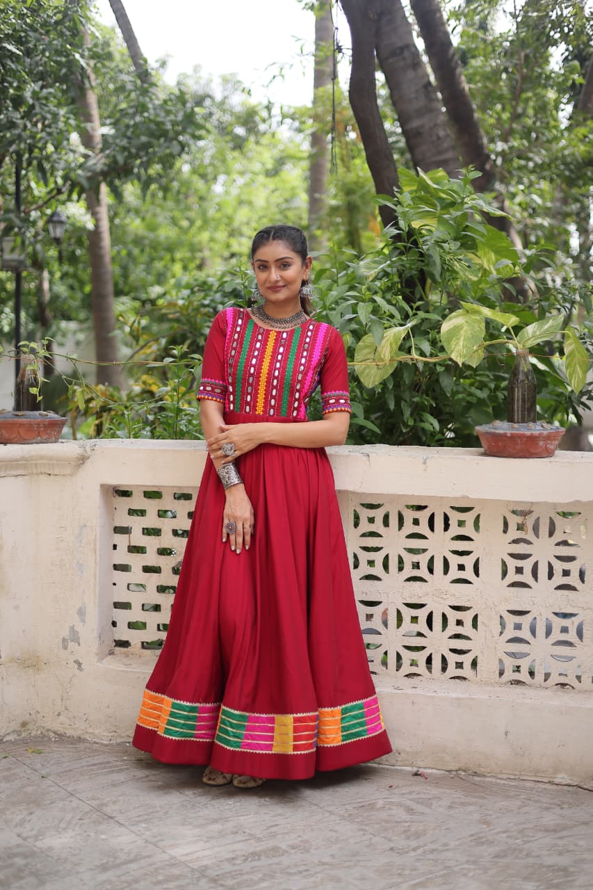 Red Roman Silk Navratri Gown with Multicolor Thread and Mirror Work