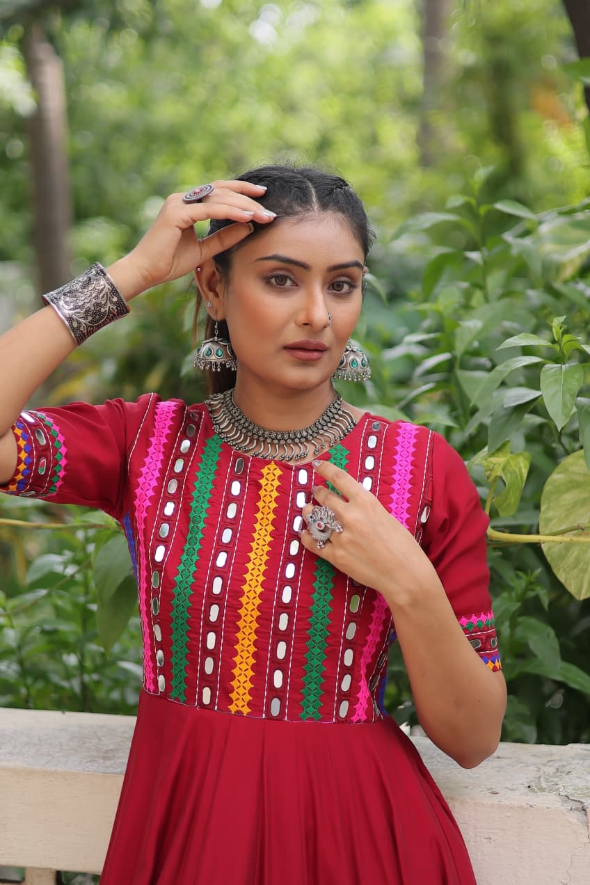 Red Roman Silk Navratri Gown with Multicolor Thread and Mirror Work