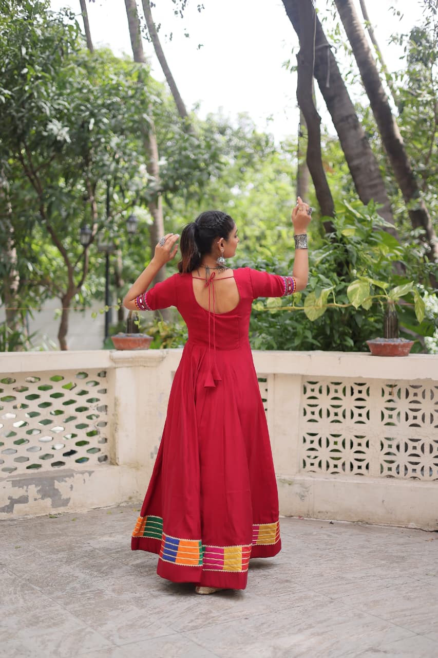 Red Roman Silk Navratri Gown with Multicolor Thread and Mirror Work