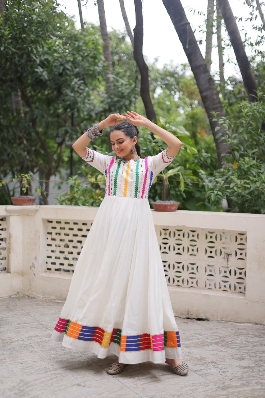 White Roman Silk Navratri Gown with Multicolor Thread and Mirror Work