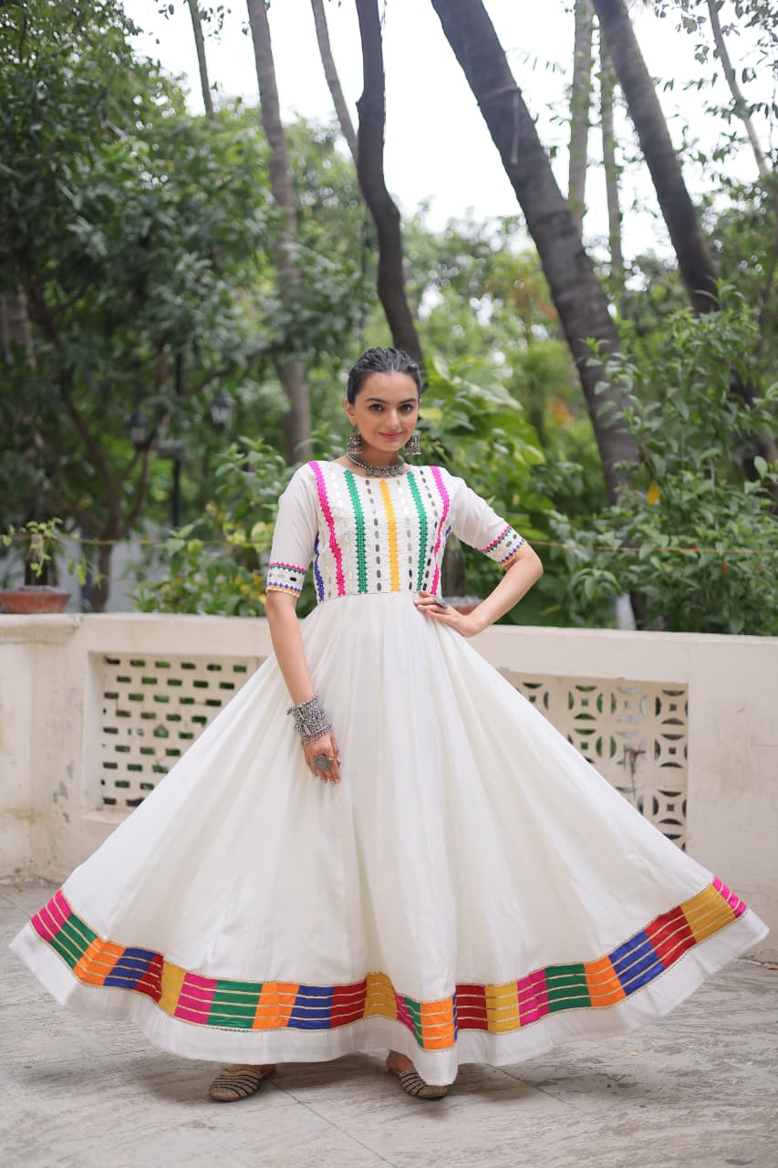 White Roman Silk Navratri Gown with Multicolor Thread and Mirror Work