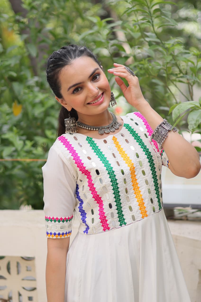 White Roman Silk Navratri Gown with Multicolor Thread and Mirror Work