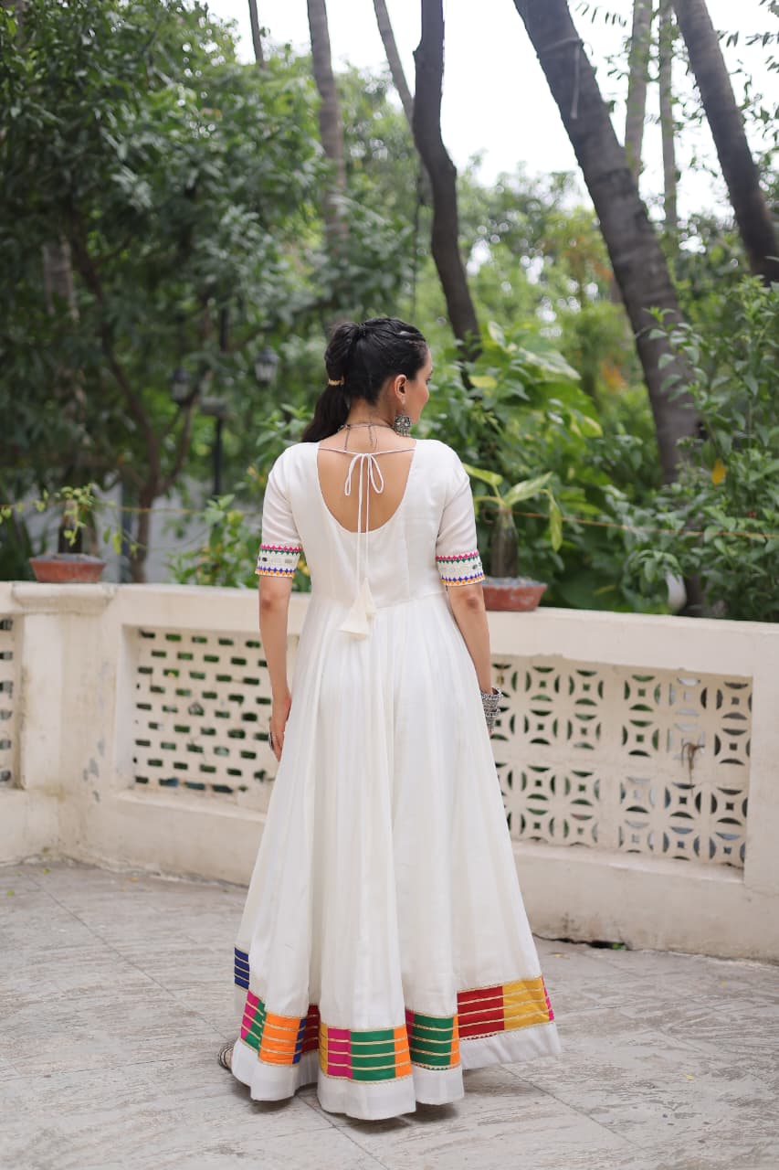White Roman Silk Navratri Gown with Multicolor Thread and Mirror Work