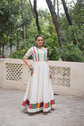 White Roman Silk Navratri Gown with Multicolor Thread and Mirror Work