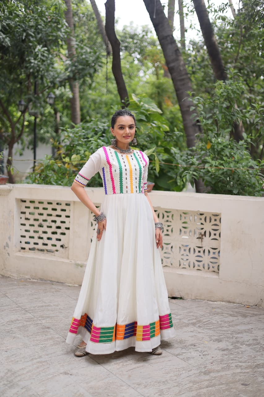White Roman Silk Navratri Gown with Multicolor Thread and Mirror Work