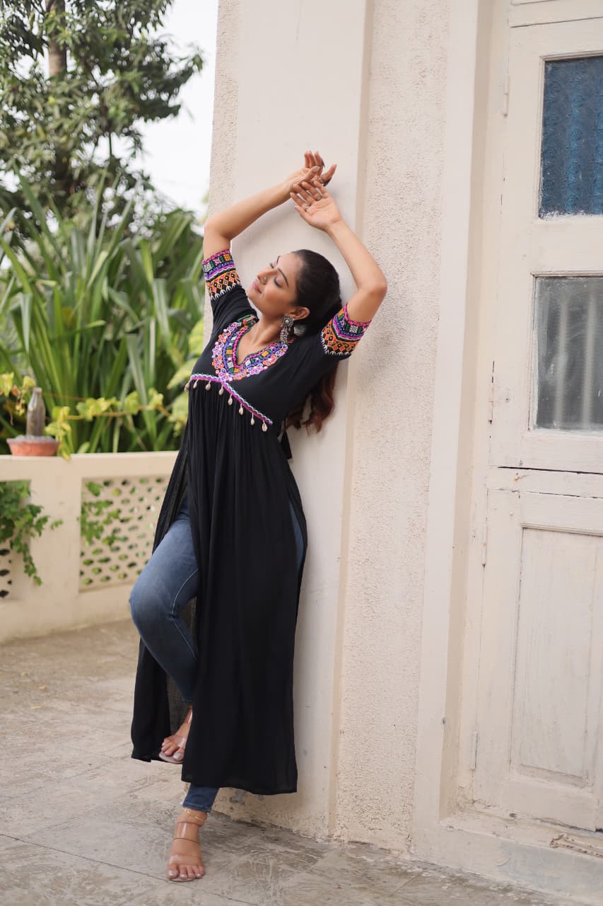 Black Rayon Navratri Kurti with Kutchi Gamthi Embroidery
