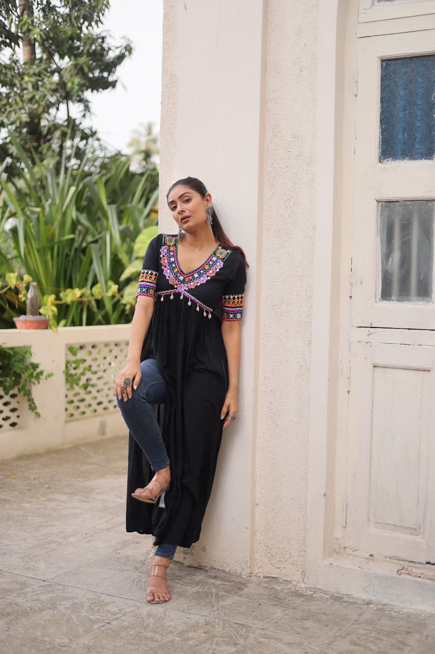 Black Rayon Navratri Kurti with Kutchi Gamthi Embroidery