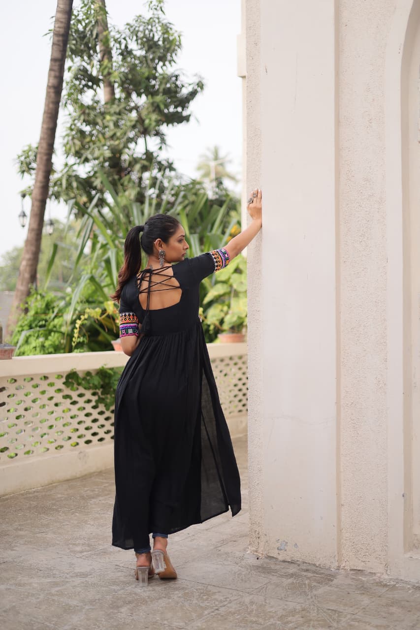Black Rayon Navratri Kurti with Kutchi Gamthi Embroidery