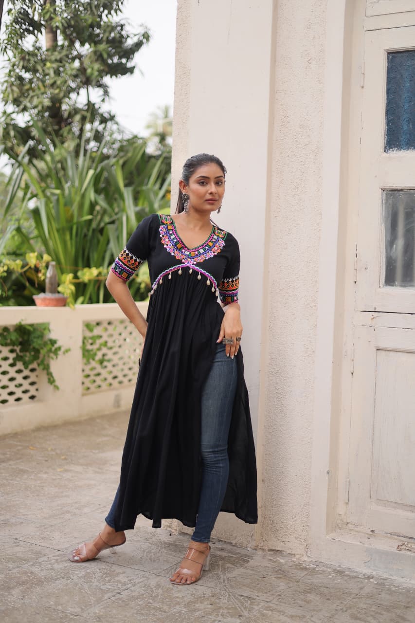 Black rayon Kurti with traditional Kutchi Gamthi work and half sleeves