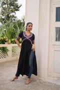 Black rayon Kurti with traditional Kutchi Gamthi work and half sleeves