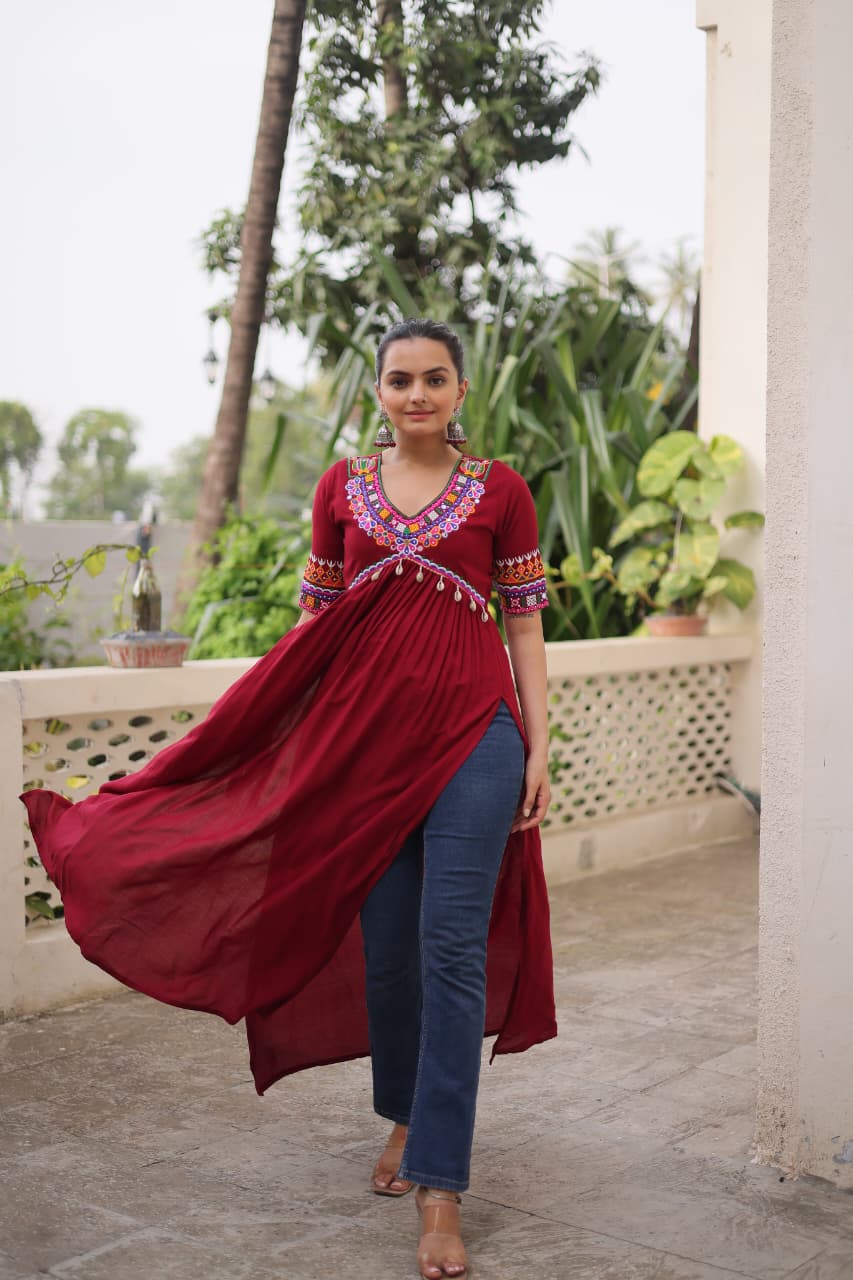 Maroon Rayon Kurti with Kutchi Gamthi Work for Navratri