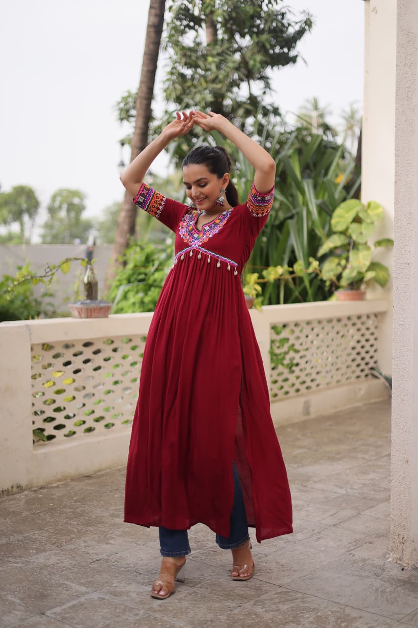 Maroon Rayon Kurti with Kutchi Gamthi Work for Navratri