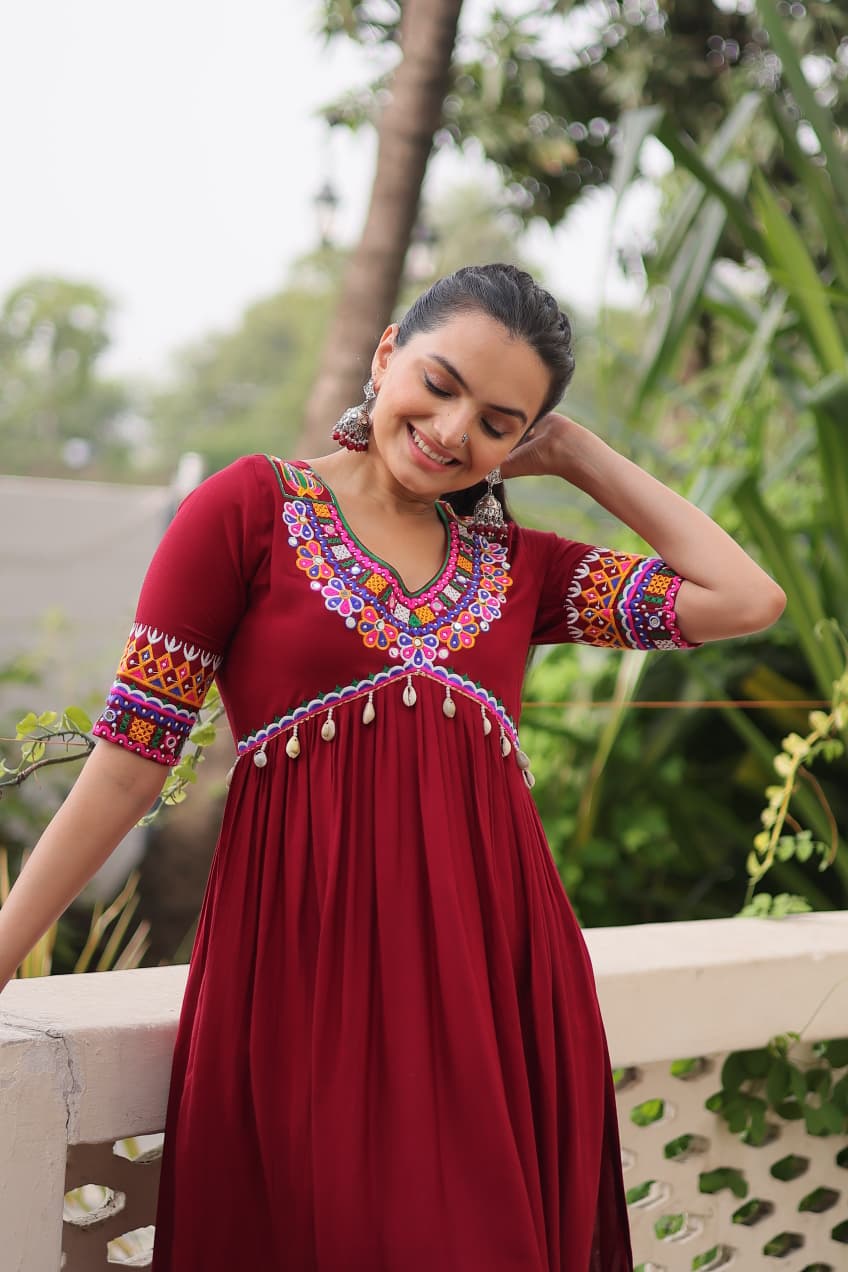 Maroon Rayon Kurti with Kutchi Gamthi Work for Navratri