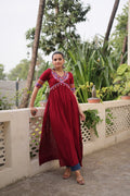 Maroon rayon kurti featuring traditional Kutchi Gamthi embroidery, half sleeves, and 52-inch length