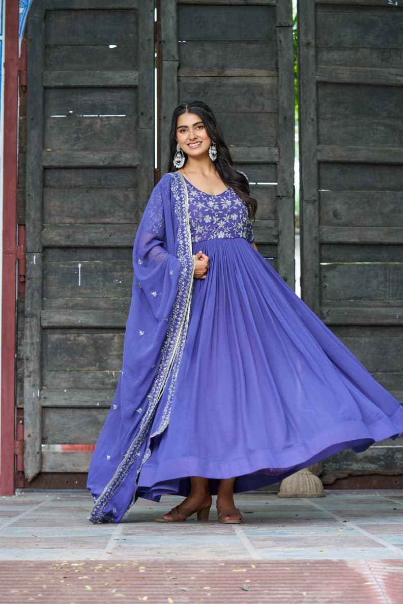 Blue Georgette Gown with Sequins and Multithreaded Bead Work