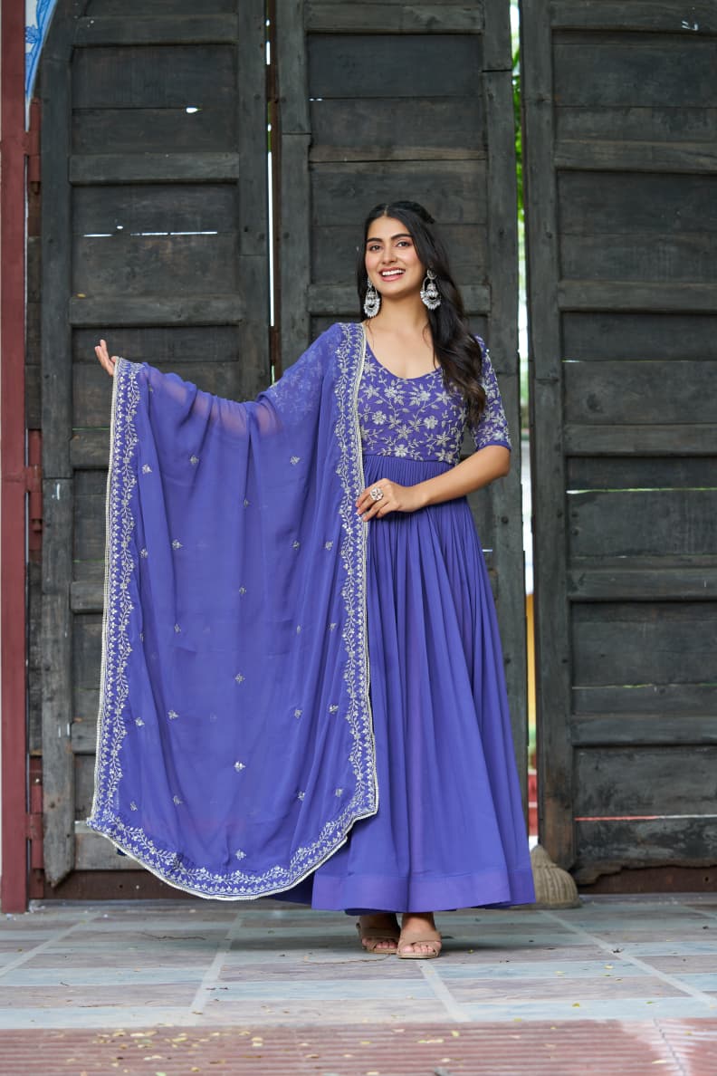 Blue Georgette Gown with Sequins and Multithreaded Bead Work