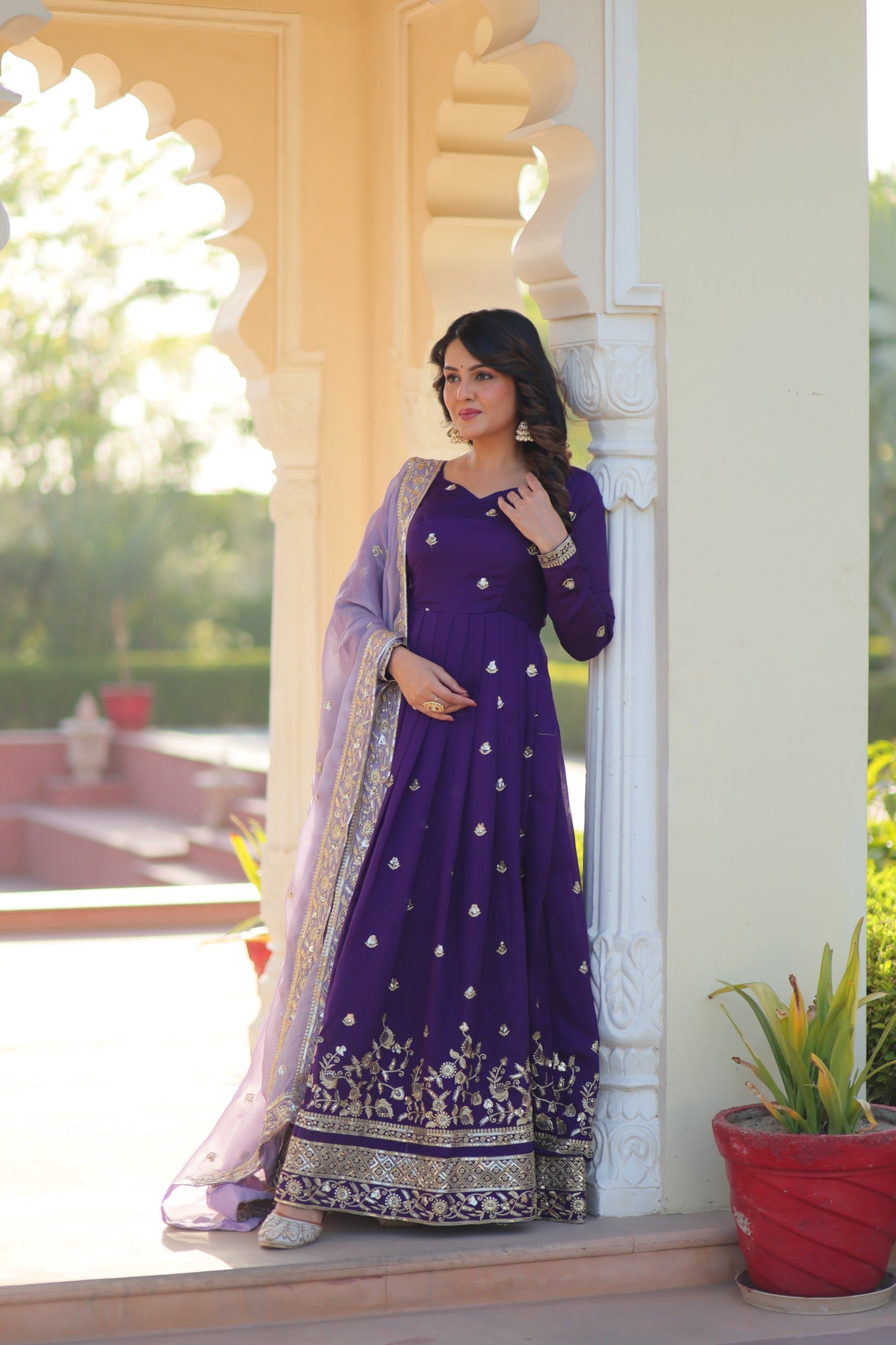 Violet Georgette Gown with Embroidery Zari and Sequins Work