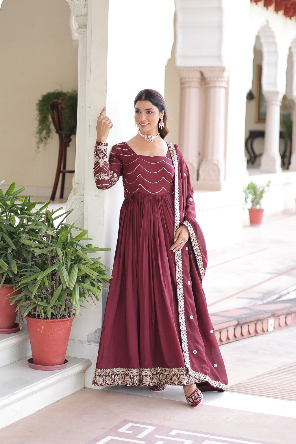 Brown Vichitra Silk Gown with Rich Sequins Embroidery