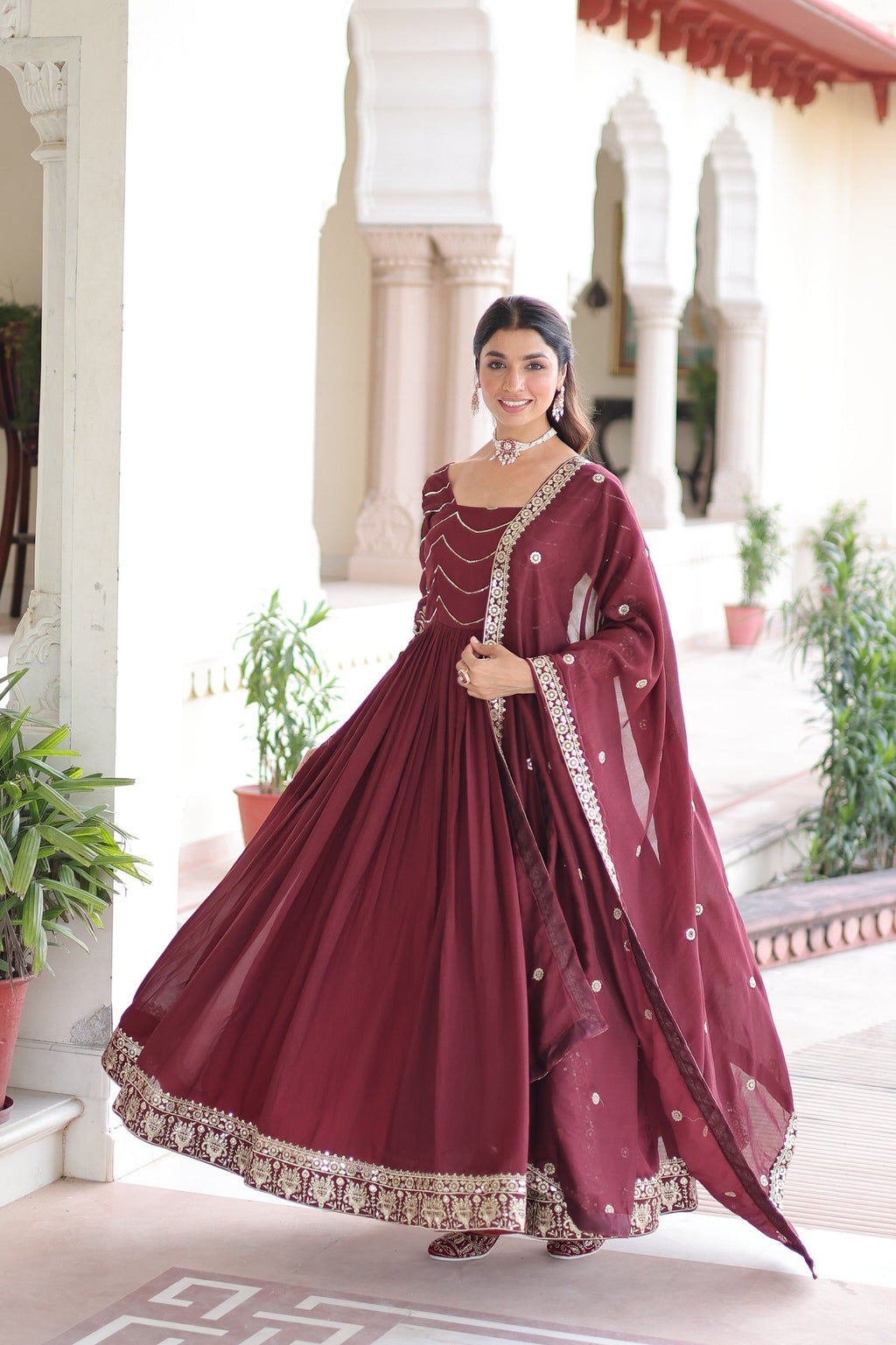 Brown Vichitra Silk Gown with Rich Sequins Embroidery